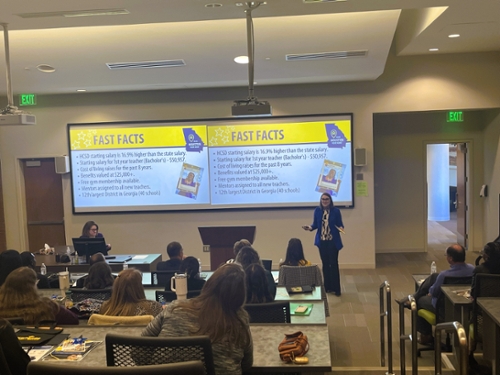 Teacher education students view a presentation at the Teacher Education Mock Interview Day and School District Showcase on January 28.