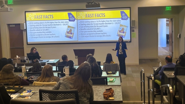 Teacher education students view a presentation at the Teacher Education Mock Interview Day and School District Showcase on January 28.