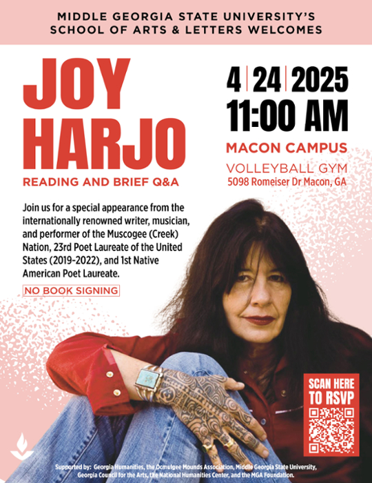 In a return visit to Macon, American poet, playwright, and musician Joy Harjo, a member of the Muscogee (Creek) Nation and the 23rd U.S. poet laureate, will read from her work at 11 a.m. Thursday, April 24, at Middle Georgia State University (MGA).