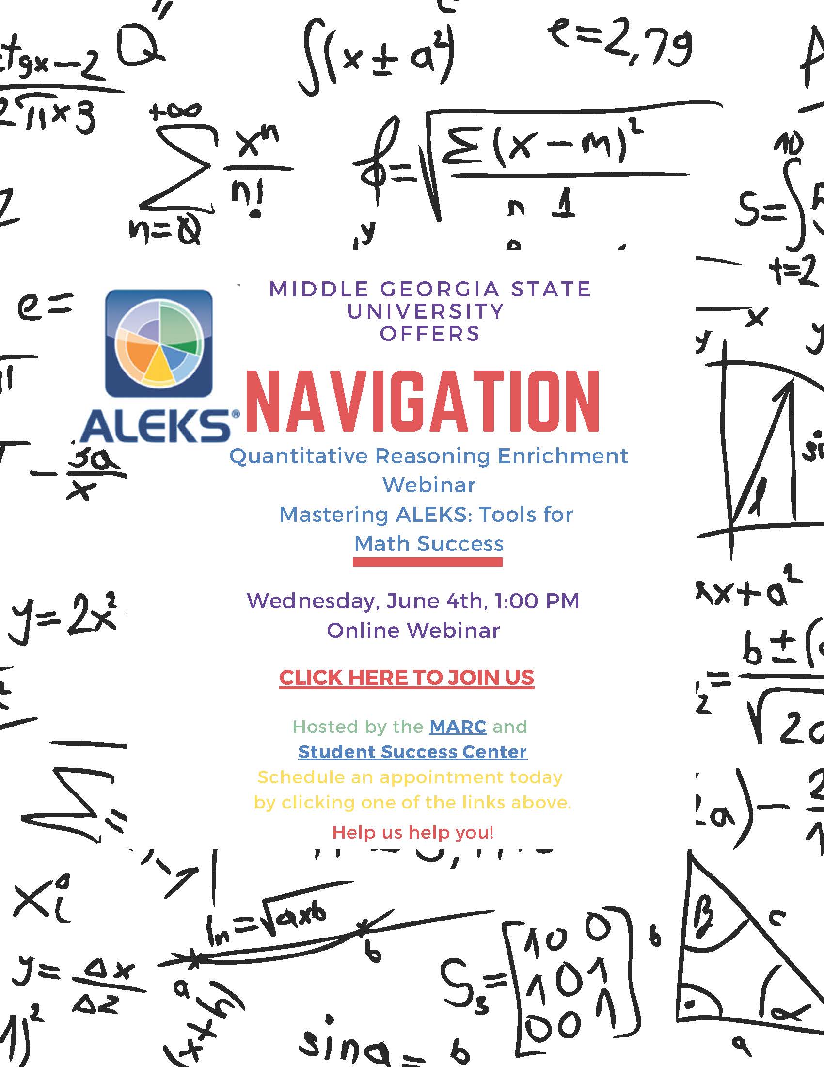 Flyer for ALEKS navigation webinar on June 4.