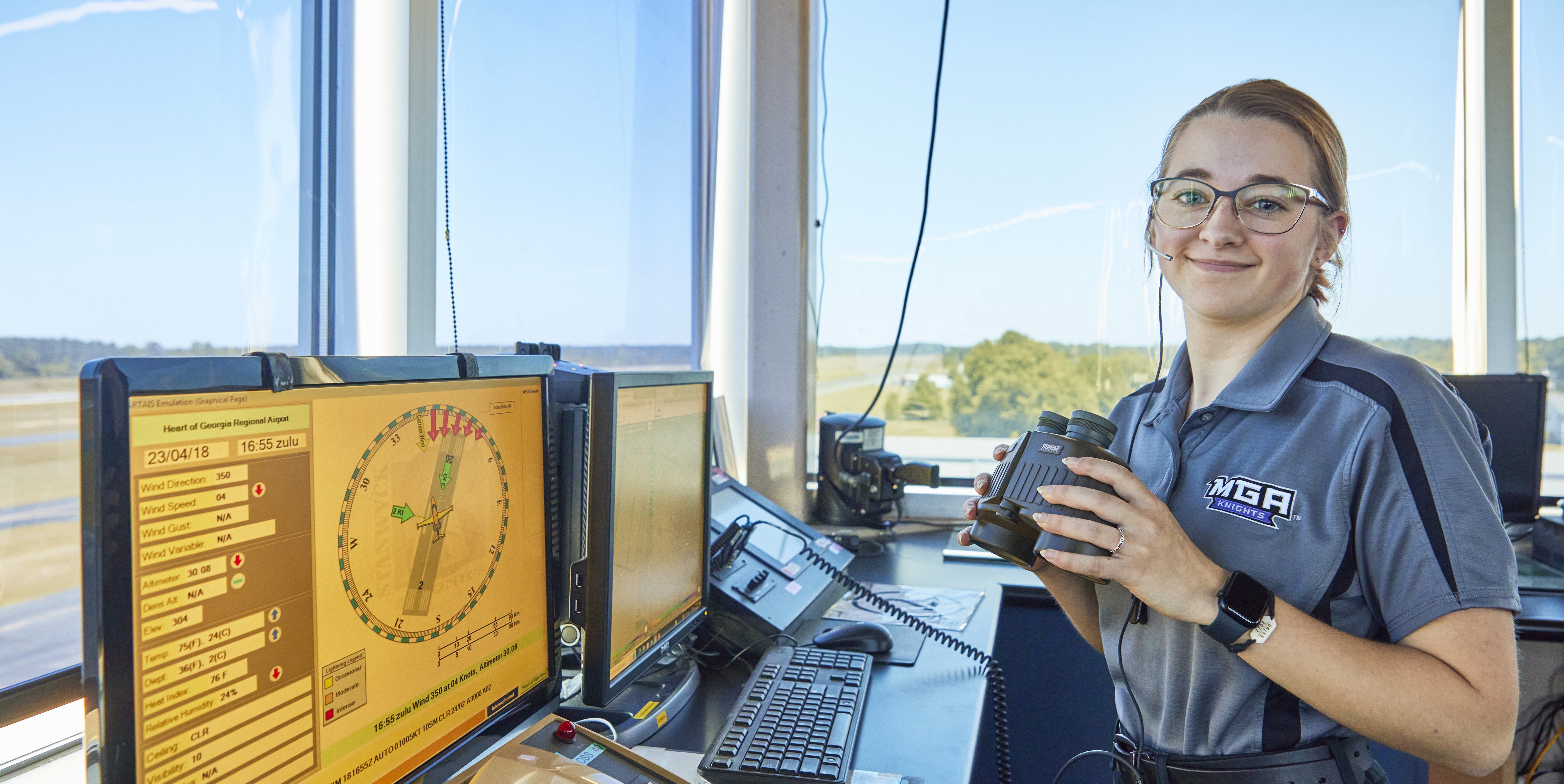 Air traffic management student in the control tower on MGA's Eastman Campus.