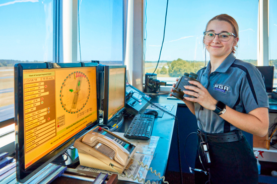 Air traffic management student in the control tower on MGA's Eastman Campus.