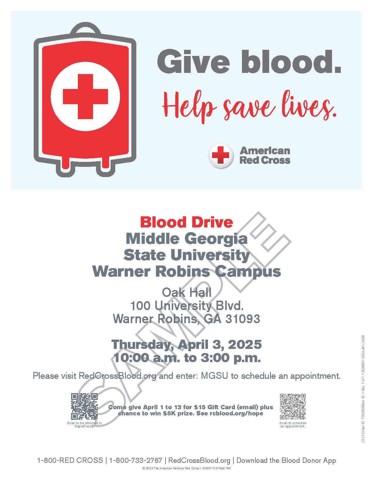 Middle Georgia State University's Association of Nursing Students (MGSANS) has worked with the American Red Cross to organize a blood drive on Thursday, April 3, in the Warner Robins Campus Oak Hall Lobby from 10 a.m. to 3 p.m. 