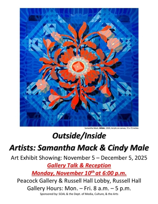 A gallery talk & reception for Outside/Inside by Artists: Samantha Mack & Cindy Male will take place at 6pm, Monday, Nov. 10 at the Peacock Gallery in Russell Hall on the Cochran Campus of Middle Georgia State University.