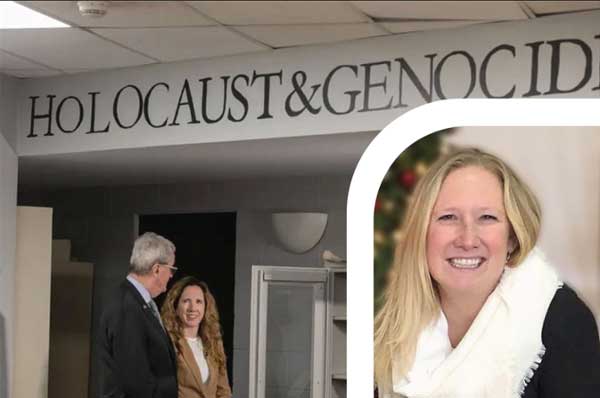 Ali Gely, inset, successfully wrote a grant for her MGA Grant Writing class that secured a $10,000 award for the Holocaust and Genocide Research Center at the New Jersey High School where she teaches. In the other image, from the New Jersey Herald, her friend and colleague Mary Houghtaling gives a tour of the center to the governor of New Jersey.