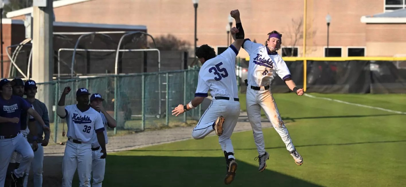 Knights baseball players celebrating on the field. 