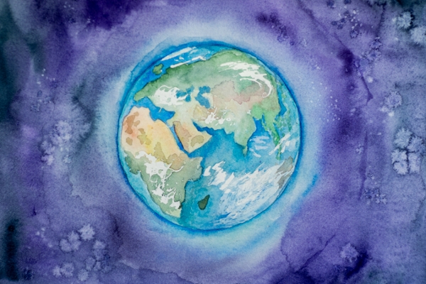 Watercolor painting of Earth from space. 