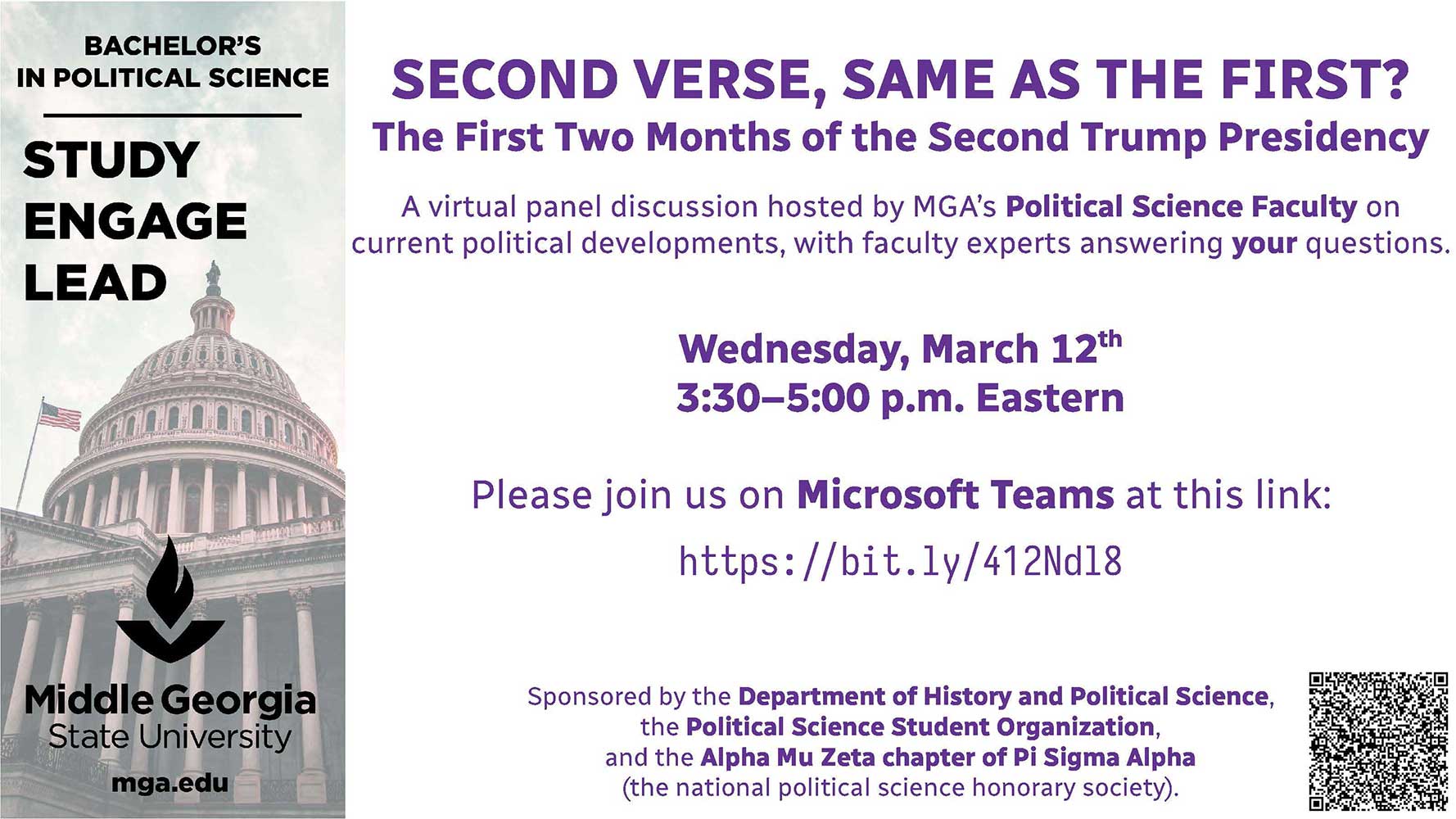 Join MGA’s political science department for the second political science discussion event for the spring 2025 semester, "Second Verse, Same As The First? The First Two Months of the Second Trump Presidency."