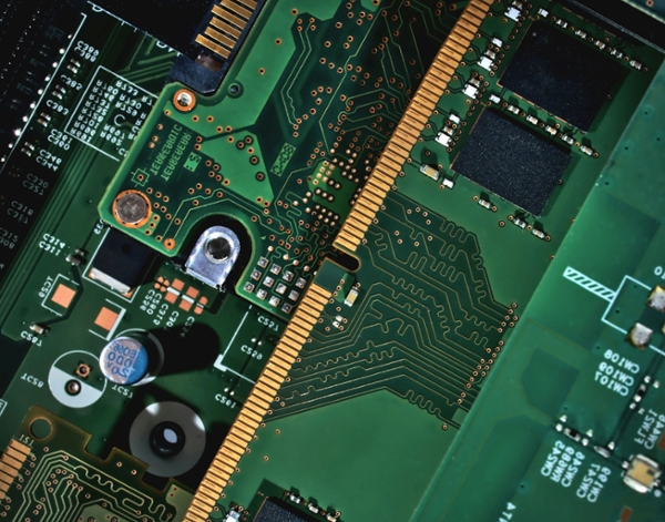 Close up photo of a computer motherboard. 