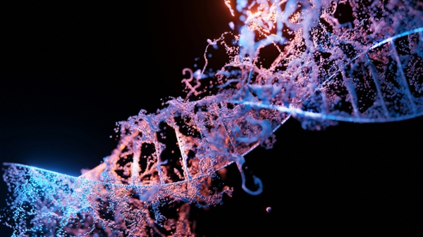 Close up of a blue and purple DNA structure.