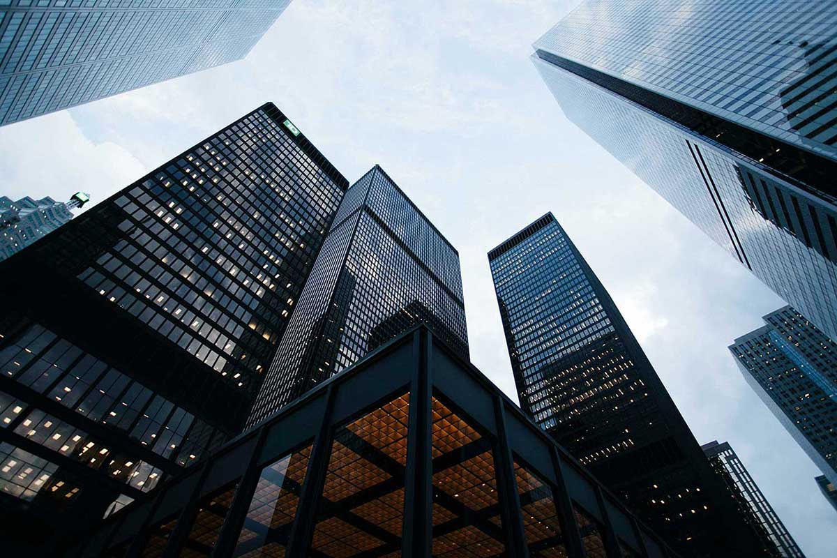 City skyline from ground point of view. 