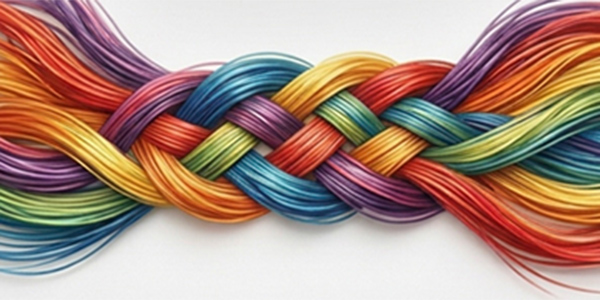 Vibrant banner image featuring multi-colored threads tightly woven together in a thick braid against a clean white background.   
