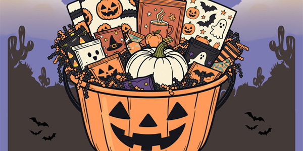 Halloween-themed illustration of an orange jack-o'-lantern bucket filled with treats, stationary, and a white pumpkin, set against a spooky twilight background