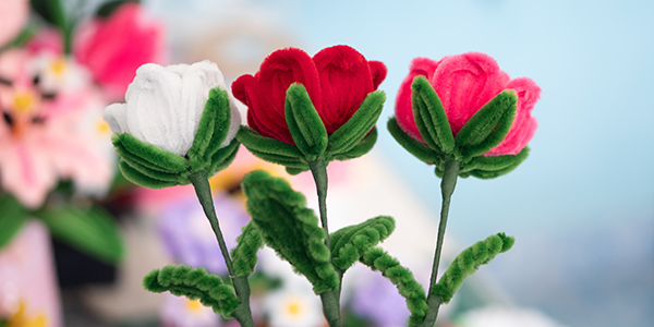 Three handcrafted pipe cleaner roses in white, red, and pink with green fuzzy stems.