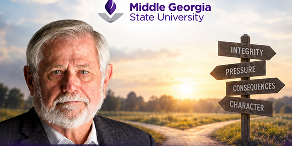 Middle Georgia State University Ethics Week banner featuring Aaron Beam alongside a wooden signpost pointing toward Integrity, Pressure, Consequences, and Character.