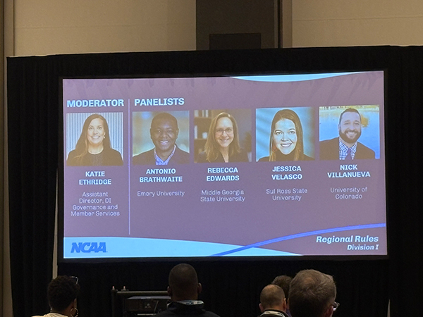 A presentation slide displaying headshots of the NCAA Regional Rules session moderator and panelists, including Middle Georgia State University's Rebecca Edwards.