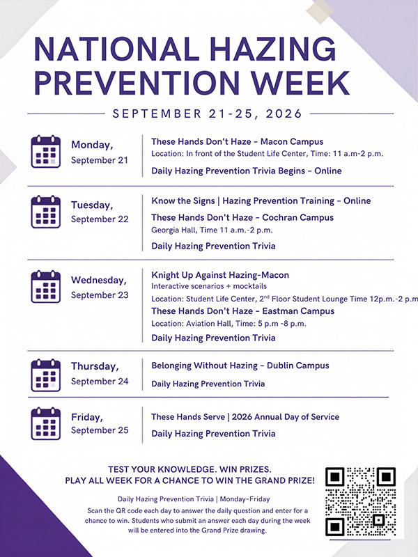Event schedule flyer for National Hazing Prevention Week, taking place September 21–25, 2026. The flyer lists daily events and includes a QR code in the bottom right corner with the caption: "Test your knowledge. Win prizes. Play all week for a chance to win the grand prize!"
