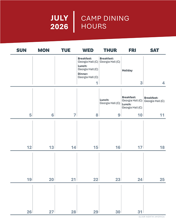 Calendar showing dining hall availability in the month of June. Dates include July 1-2, and July 9-11.