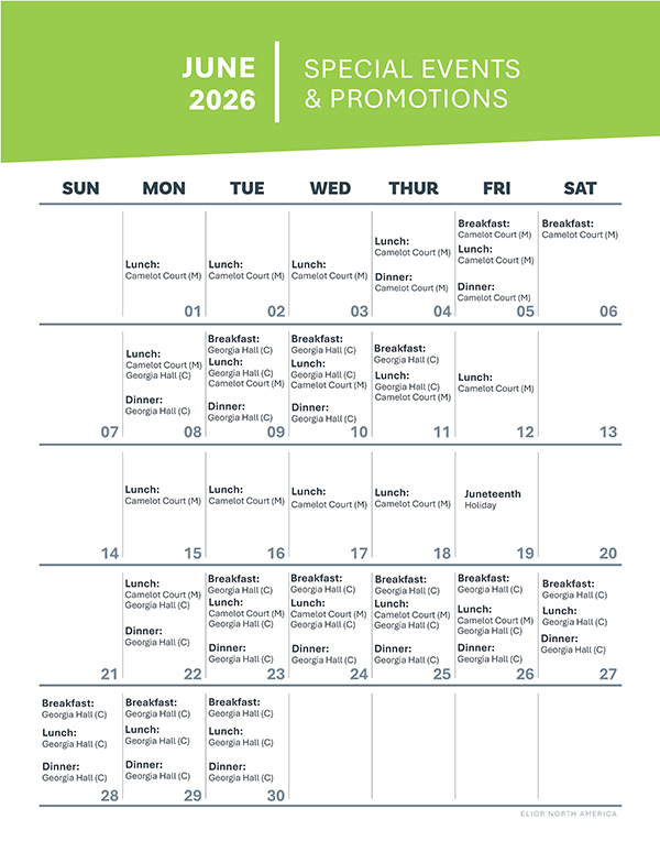 Calendar showing dining hall availability in the month of June. Dates include June 01-06, June 08-12, June 15-19, and June 22-30.
