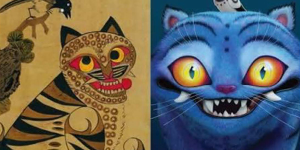 Side-by-side artwork featuring a traditional Korean minhwa style tiger on the left and a modern stylized blue tiger with a bird on its head on the right.   