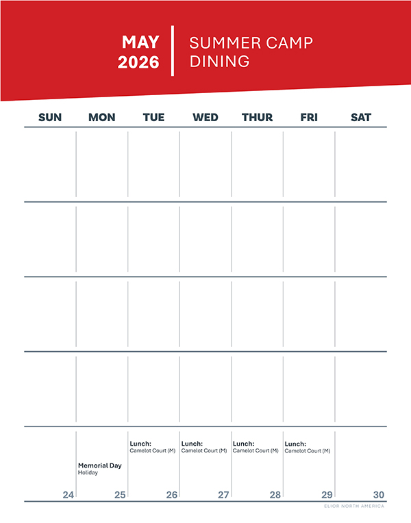 Calendar showing dining hall availability in the month of May. Dates include May 26-29 for Lunch at Camelot Court.