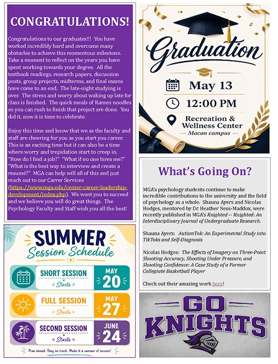 A page from the Psych Insights newsletter containing graduation information, student research highlights, and the summer session schedule.