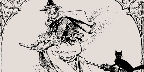 Vintage black-and-white illustration of a witch riding a broomstick through the air with a black cat perching on the end of the broom, set within a decorative ornate border.