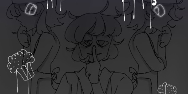 Dark line-art illustration featuring a character in an apron holding a finger to their lips in a "shh" gesture, flanked by two side profiles in chef hats. Doodles of cupcakes and dripping text are styled around them. 