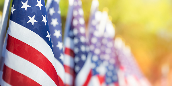 Close-up selective focus shot of small American flags lined up outdoors in bright sunlight.
