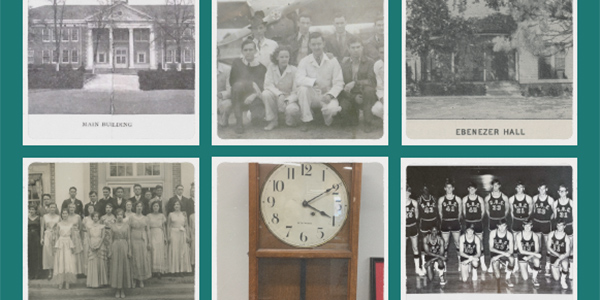 Grid of six historical black-and-white photos against a teal background, featuring campus buildings, groups of students, a vintage wall clock, and a basketball team.